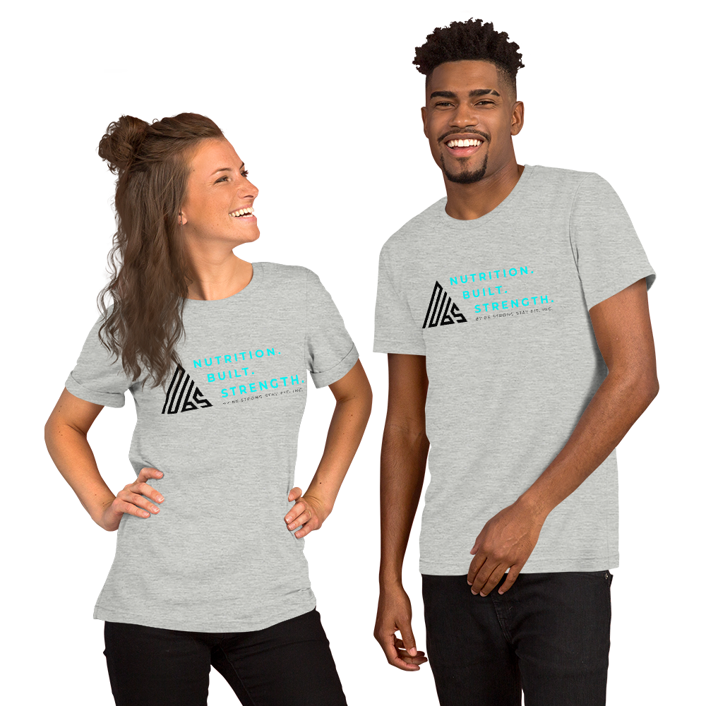 Teal and Black Nutrition. Built. Strength. Unisex Tee